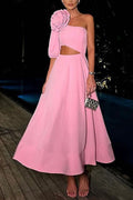 3D Flower One Shoulder Cut Out Waist A-line Midi Dress