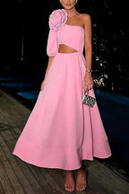 3D Flower One Shoulder Cut Out Waist A-line Midi Dress