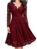 Long Sleeve Lace Solid Color Midi Dresses