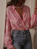 Floral Embroidery Color-blocked V-neck Lantern Sleeve Shirt