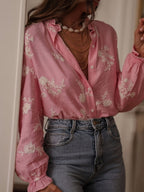 Floral Embroidery Color-blocked V-neck Lantern Sleeve Shirt