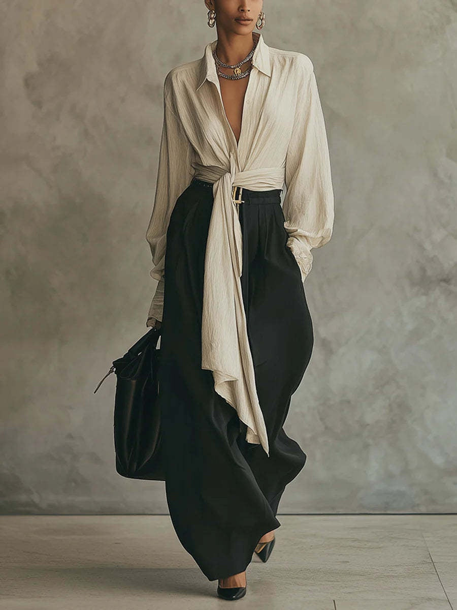 Women's Two-piece Set With A Blouse And Belt, Featuring A Flowing, Casual Style With Wide-leg Pants.