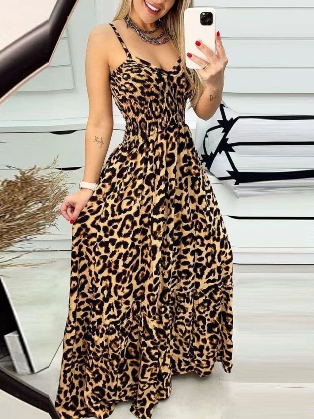 Leopard Print Spaghetti Strap Backless High-waisted And Slimming Maxi Dresses