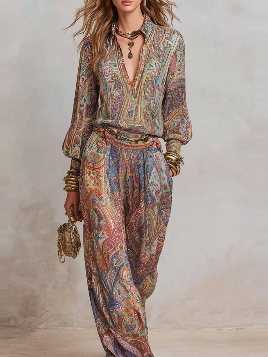 Hippie Style Exotic Style Printed Shirt Printed Wide-leg Pants Set 2-piece Sets