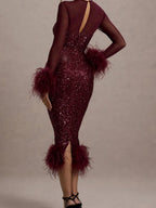 Feather-Trim Sequin Backless Slit Bodycon Dress
