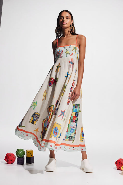 Spaghetti Strap Square Neck Botanical Fruit Print Scalloped Hem Midi Dress