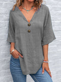 Casual V-neck Short-sleeved Pullover With Multi-colored Buttons T-shirts