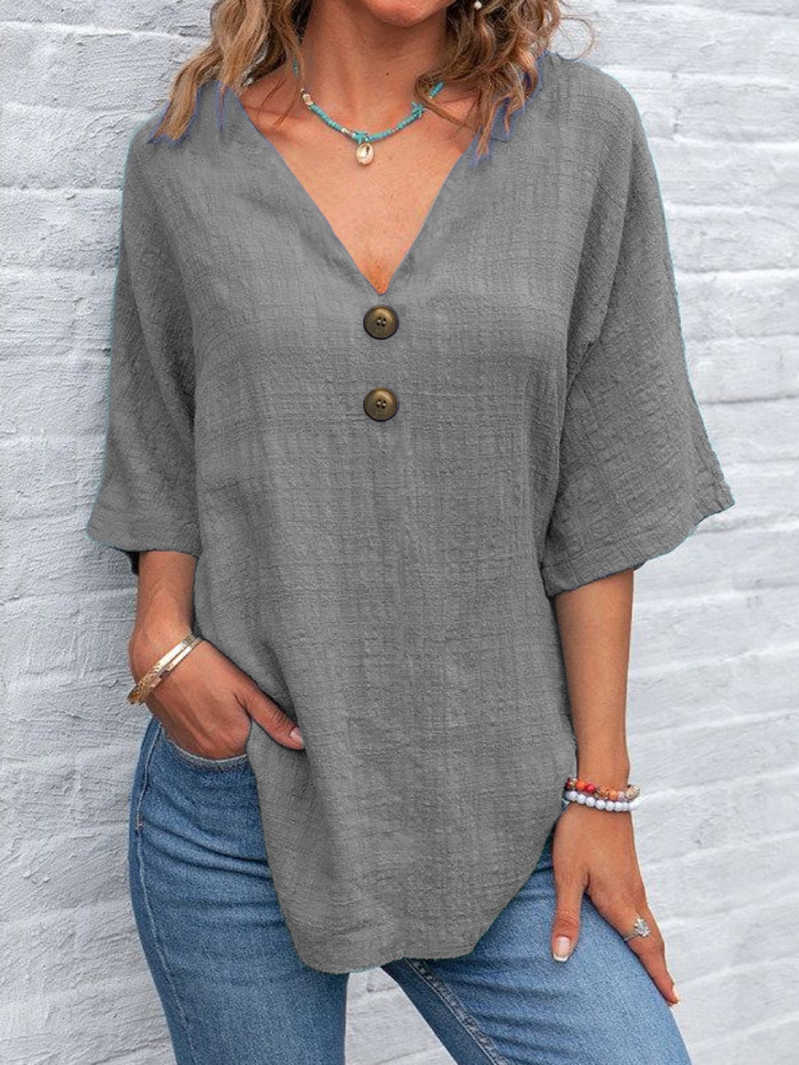 Casual V-neck Short-sleeved Pullover With Multi-colored Buttons T-shirts