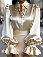 Puff Sleeve Long-sleeved Collared Satin Shirt
