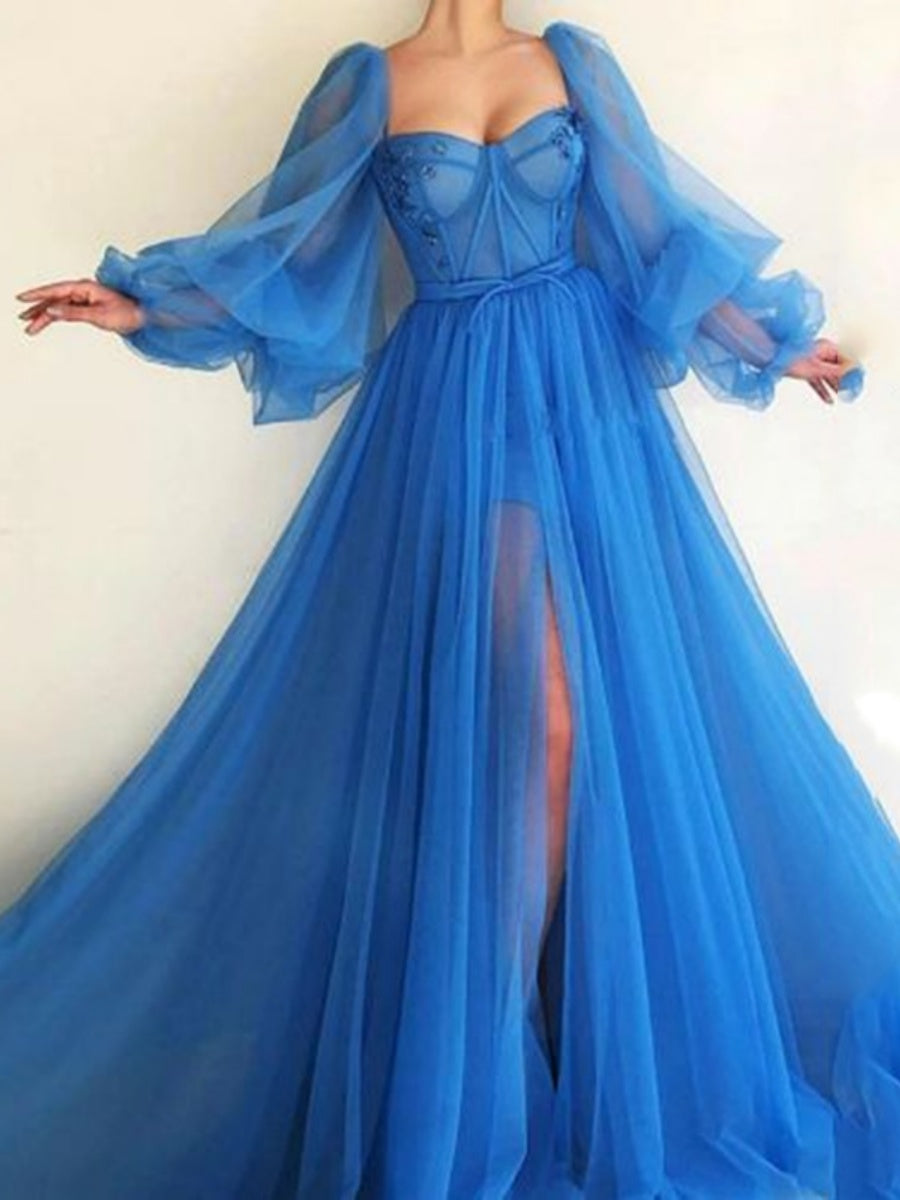 Herringbone Square Neckline With Mesh Slits And Wide Hem Maxi Dresses