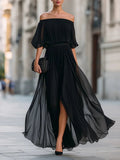 Off Shoulder Elegant Pleats Solid Color Slit Maxi Dresses