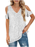 Sequins V-neck Off-shoulder Short-sleeved T-shirt