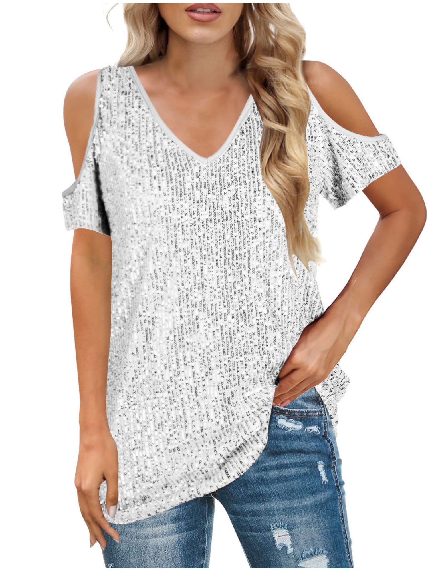 Sequins V-neck Off-shoulder Short-sleeved T-shirt