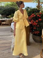 Two-piece Set: Puff-sleeved V-neck Tie-front Top And High-waisted Skirt