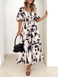 Deep V Neck Puff Sleeve Abstract Geo Print Wrap Midi Dress