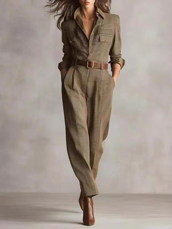 Cotton Plaid Work Pocket Jumpsuit