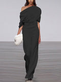 One-shoulder Short-sleeved Pleated Jumpsuit