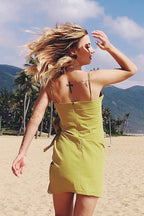 Square Neck Spaghetti Strap Side Bow Tie Wrap Mini Dress