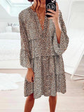 Leopard Print V-neck Long Sleeves Large Skirt Mini&Short Dresses