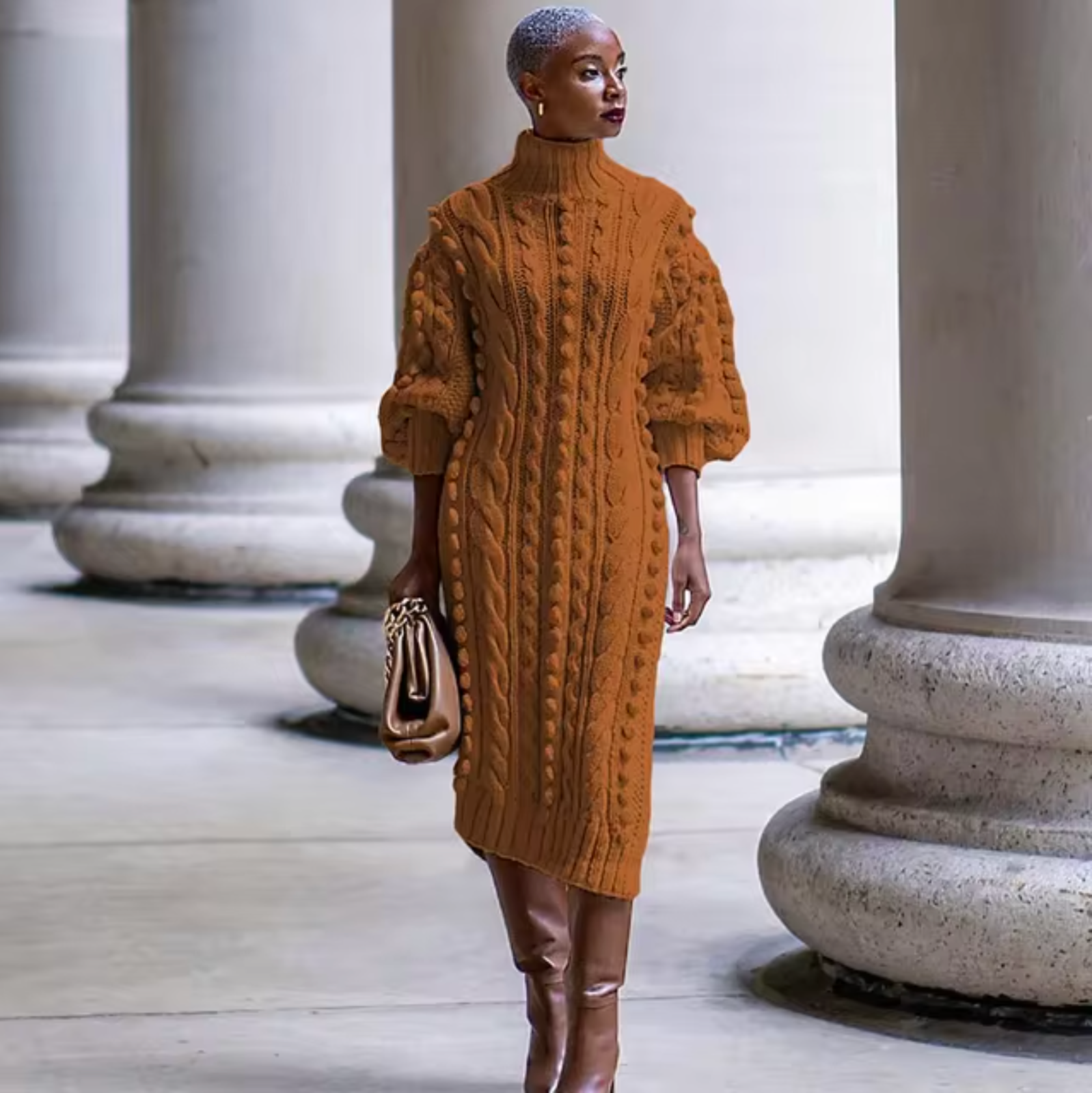 | High-neck rib-knit midi dress
