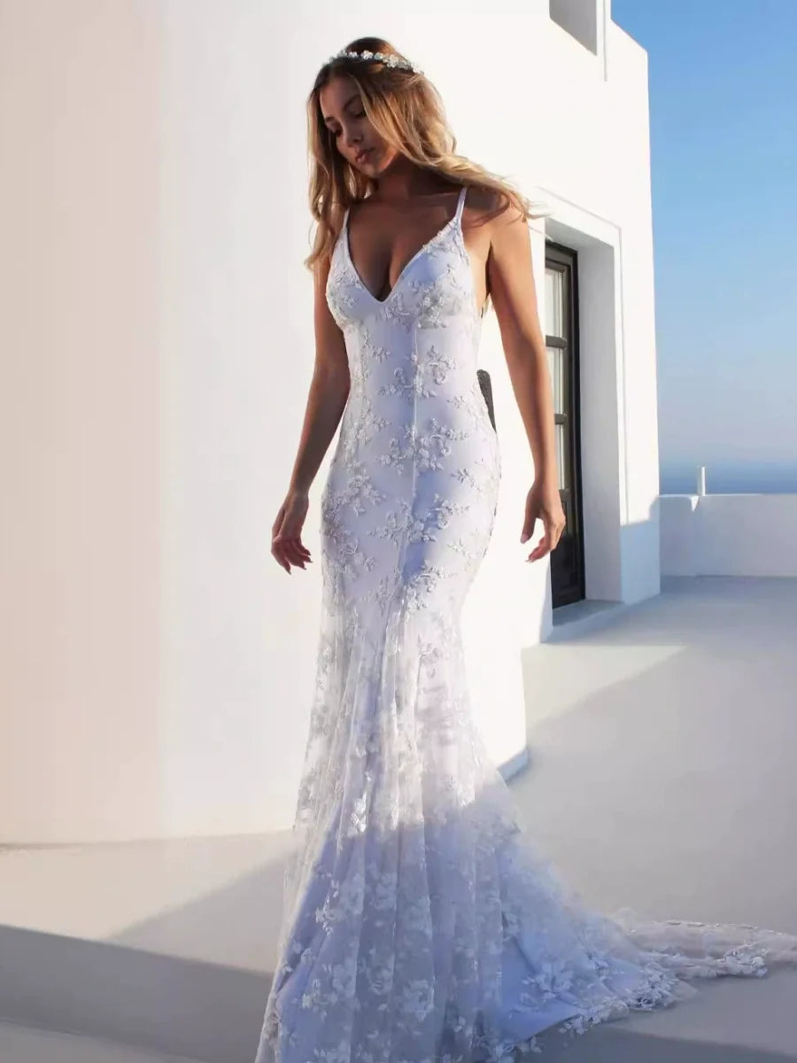 Lace White V-neck Camisoles Formal Dress Maxi Dresses