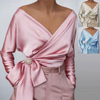 V-neck Long Sleeve Side Straps Silk Chiffon Blouse