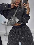 Sequined Long-sleeved Crew Neck Loose-fitting Hoodless Sweatshirt Top With Drawstring Wide-leg Pants 2-piece Sets