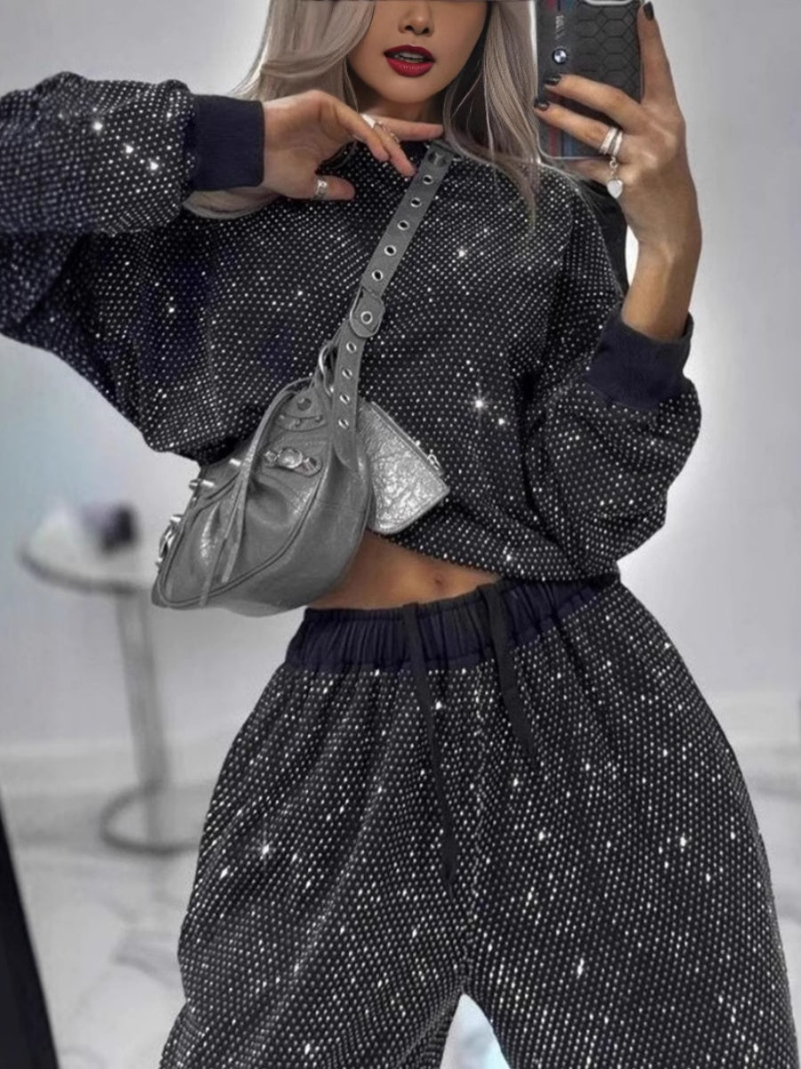 Sequined Long-sleeved Crew Neck Loose-fitting Hoodless Sweatshirt Top With Drawstring Wide-leg Pants 2-piece Sets