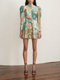Patchwork Floral Print Mock Neck Puff Shoulder A-Line Mini Dress