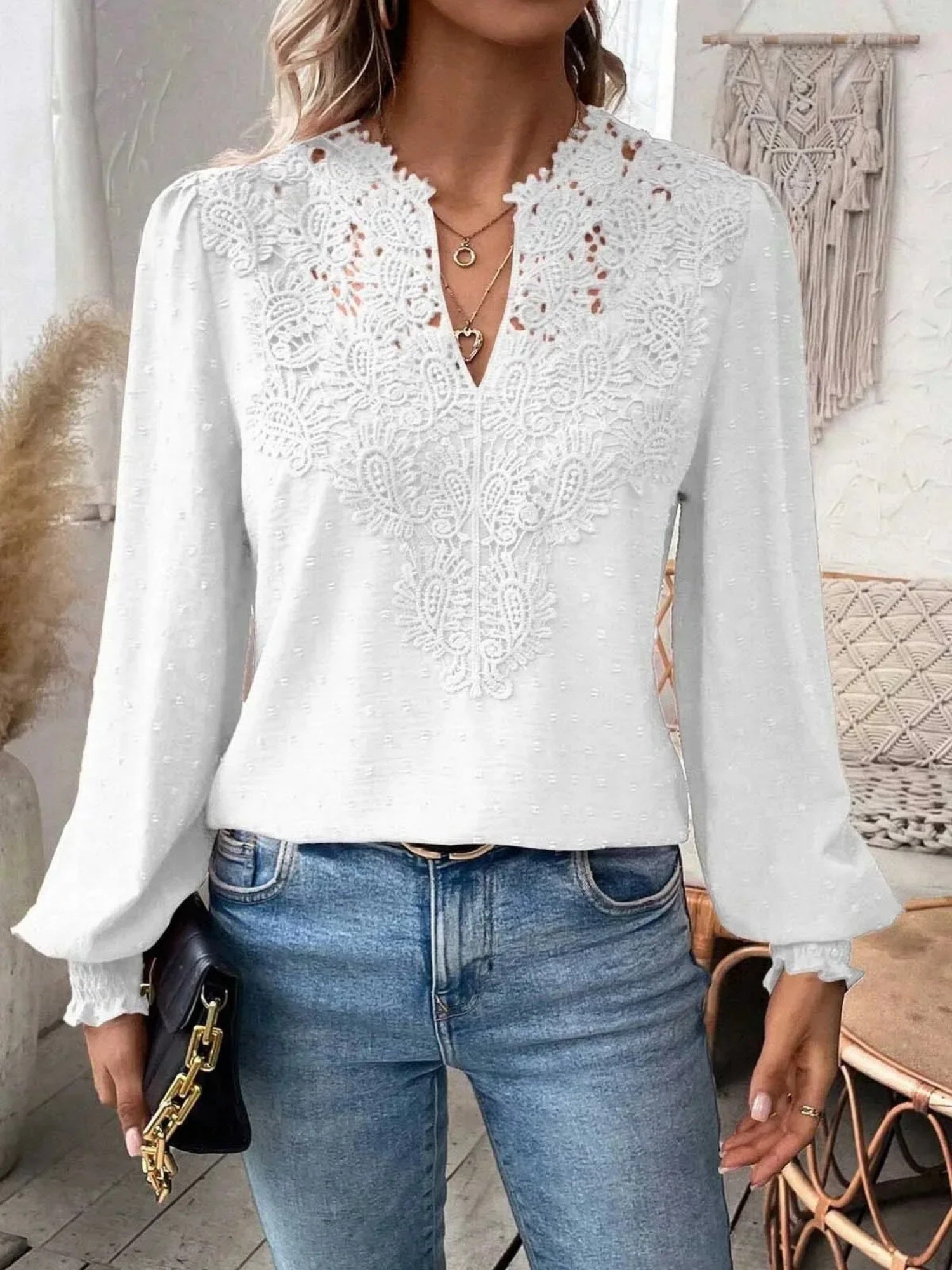 Lace Trim V-neck Long Sleeve Shirt T-shirts
