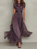 V-neck Waist Ruffle Chiffon Big Swing Maxi Dresses
