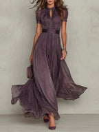 V-neck Waist Ruffle Chiffon Big Swing Maxi Dresses