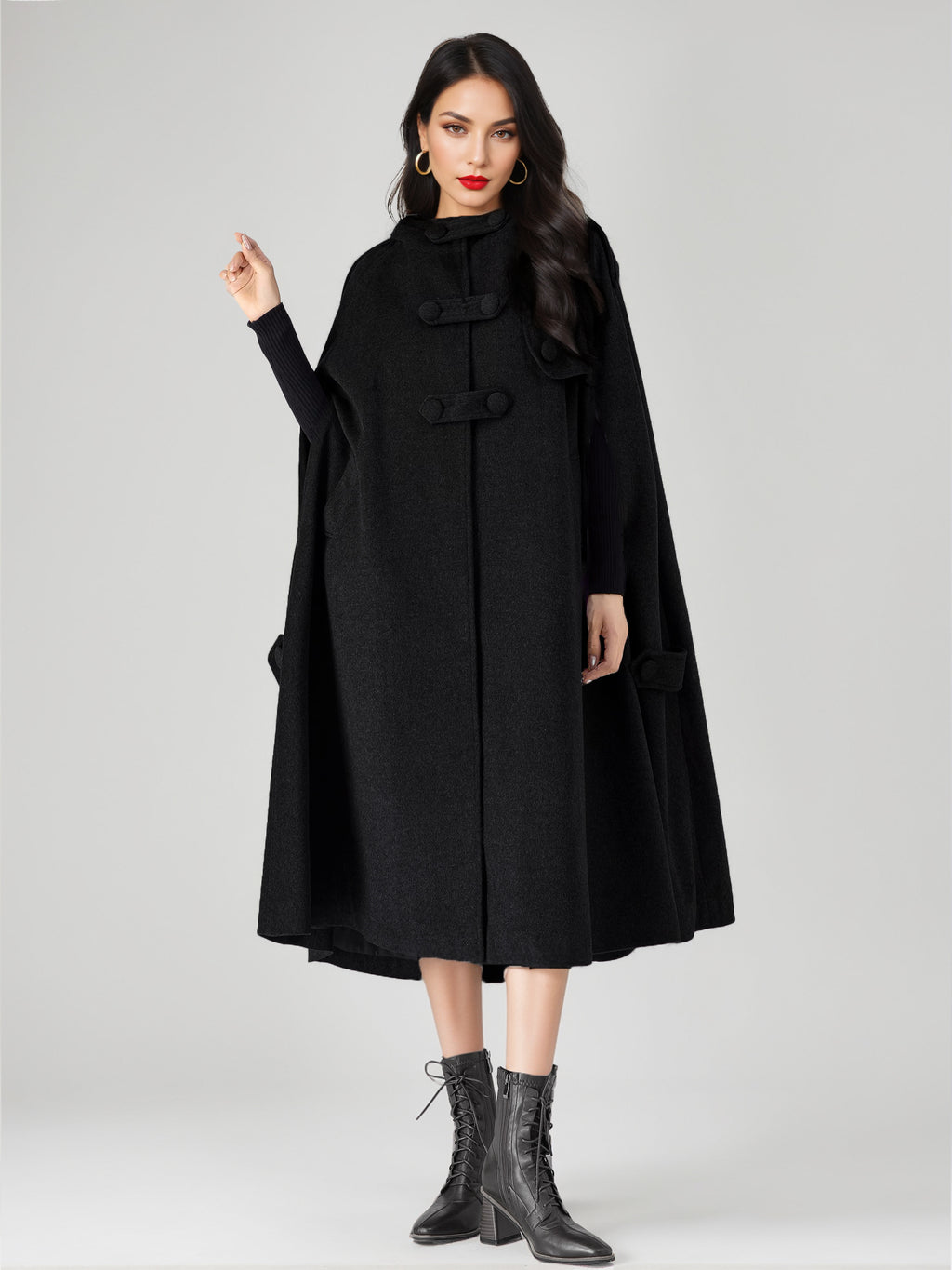 Wool Blend Cape Coat For Women Hooded Gray Oversized Long Poncho Outerwear 2026