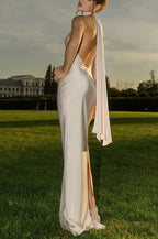 Satin Halter Neck High Neck Backless Slip Column Maxi Dress