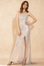 Sequin Spaghetti Strap Scoop Neck High Split Maxi Gown