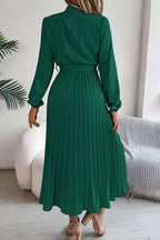 Mock Neck Lantern Sleeve Belted Pleated A-Line Midi Dress