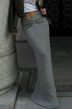 Solid Knit Turned Up Hem Bodycon Skirt