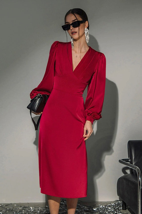 Satin Puff Sleeve Deep V Neck Pleated Bodice Mermaid Midi Dress