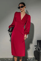 Satin Puff Sleeve Deep V Neck Pleated Bodice Mermaid Midi Dress