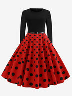 Vintage Polka Dot Swing Dress for Women - 1950s Rockabilly Long Sleeve Belted A-Line Midi Dress - Spring Retro Party 2026