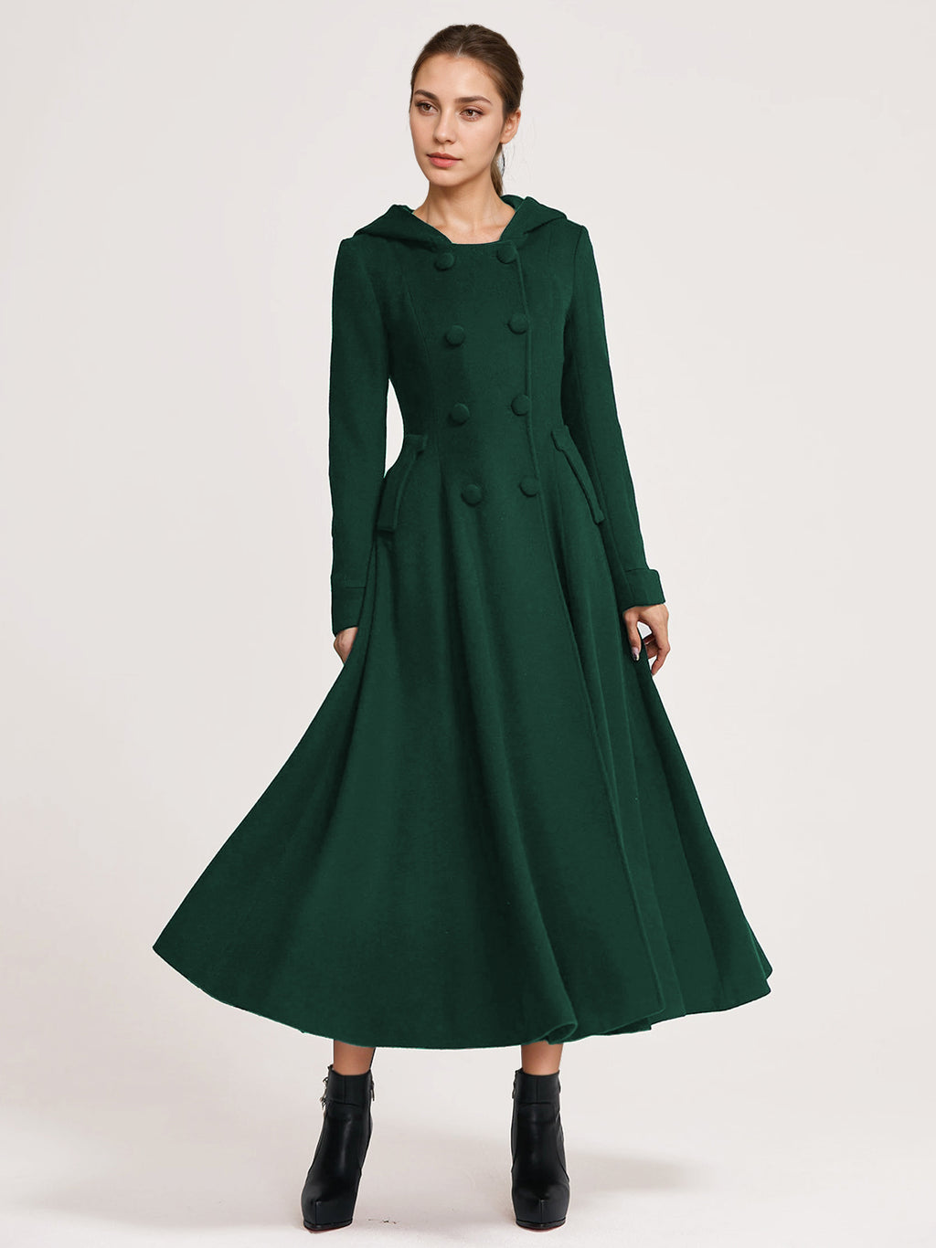 Woolen Flared Coat With Hood Dark Navy Double-breasted Elegant A-line Winter Long Outerwear For Women 2026