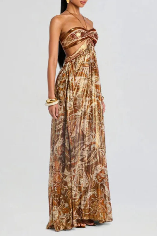 Brown Strapless Lace-up Pleated Dress