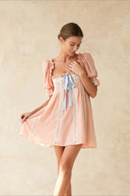 Square Neck Puff Sleeve Lace Panel Babydoll Mini Dress