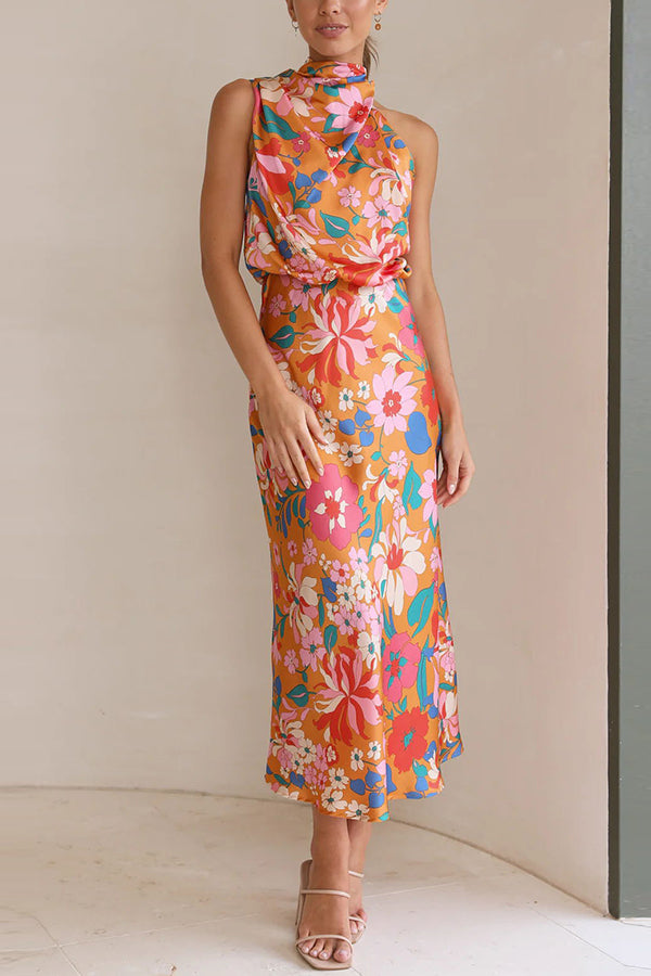 Cowl Neck Sleeveless Floral Print Satin Bias Cut Midi Dress