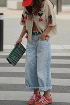 | Short-sleeved button-down decorative cherry knit sweater