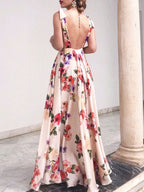 Floral Chiffon Backless Women Maxi Dress - Cream Boho Tie Shoulder A Line Sundress - Summer Beach Wedding Guest Party 2026