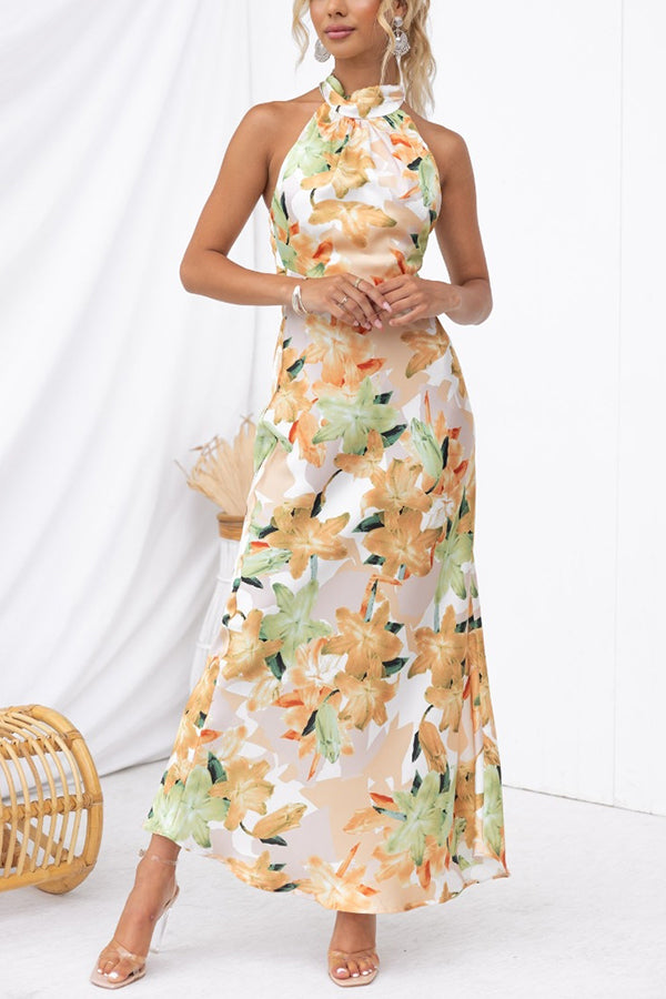Floral Print Satin Halter Neck Sleeveless Column Maxi Dress