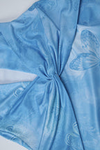 Blue Spaghetti Strap Deep V Twist Cutout Butterfly Print Bodycon Maxi Dress