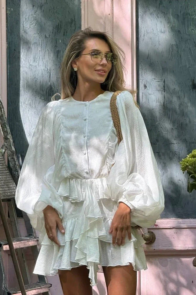 Button Front Round Neck Lantern Sleeve Tiered Ruffle Mini Dress