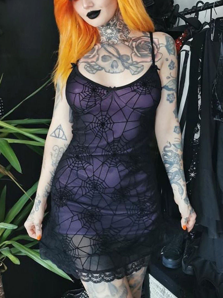 Spiderweb Mesh Overlay Lace Trim Spaghetti Strap Bodycon Mini Dress